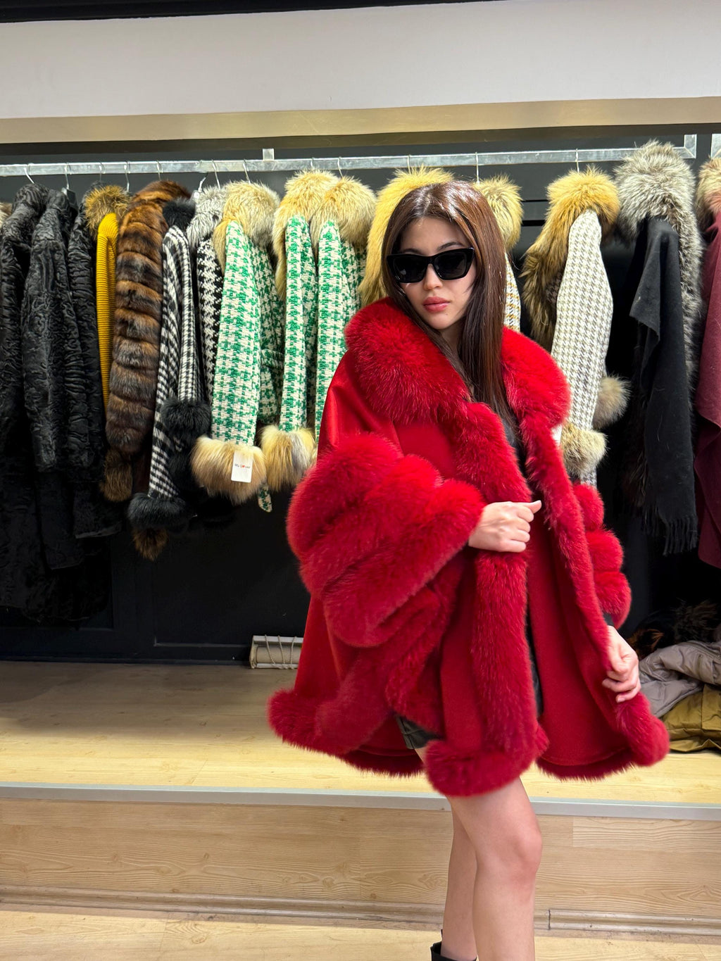 Red Wool Cashmere Cape Coat with Fox Fur Trim, Women Fox Fur Jacket..- Red Fox Fur Jacket.. Fox Fur Cape— Fox Fur