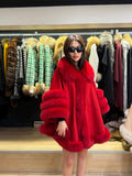 Red Wool Cashmere Cape Coat with Fox Fur Trim, Women Fox Fur Jacket..- Red Fox Fur Jacket.. Fox Fur Cape— Fox Fur