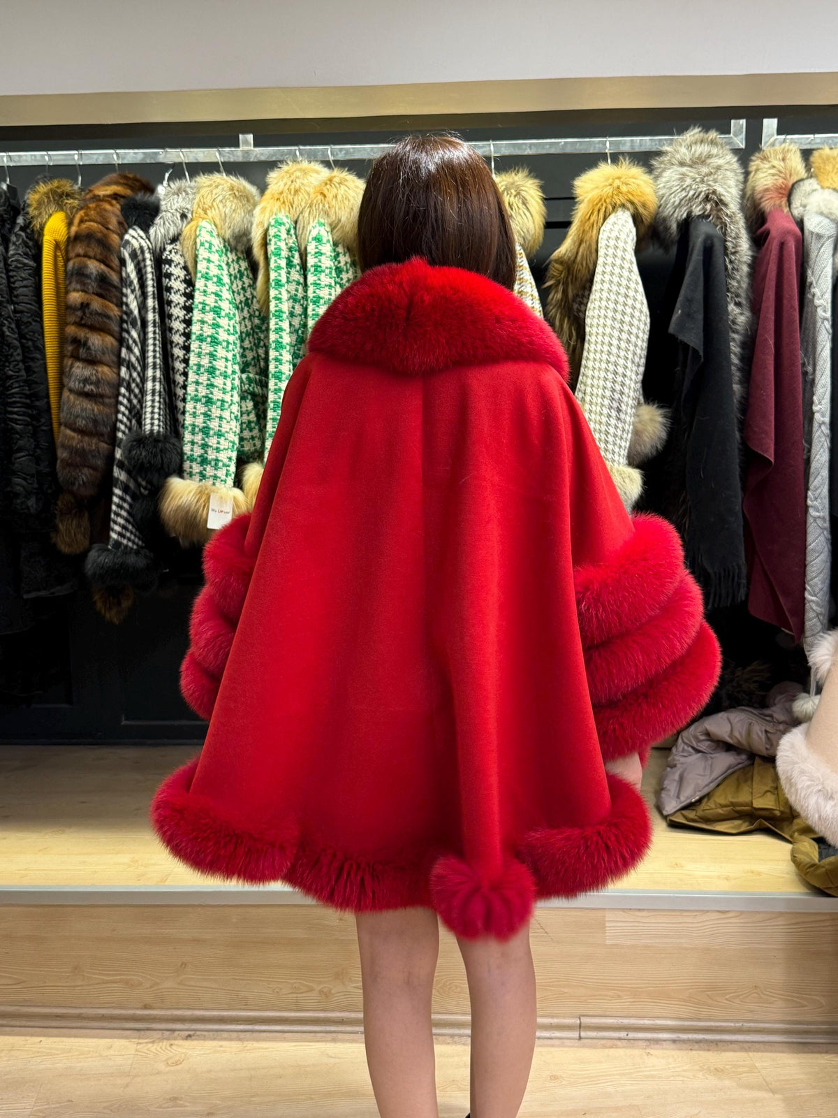 Red Wool Cashmere Cape Coat with Fox Fur Trim, Women Fox Fur Jacket..- Red Fox Fur Jacket.. Fox Fur Cape— Fox Fur