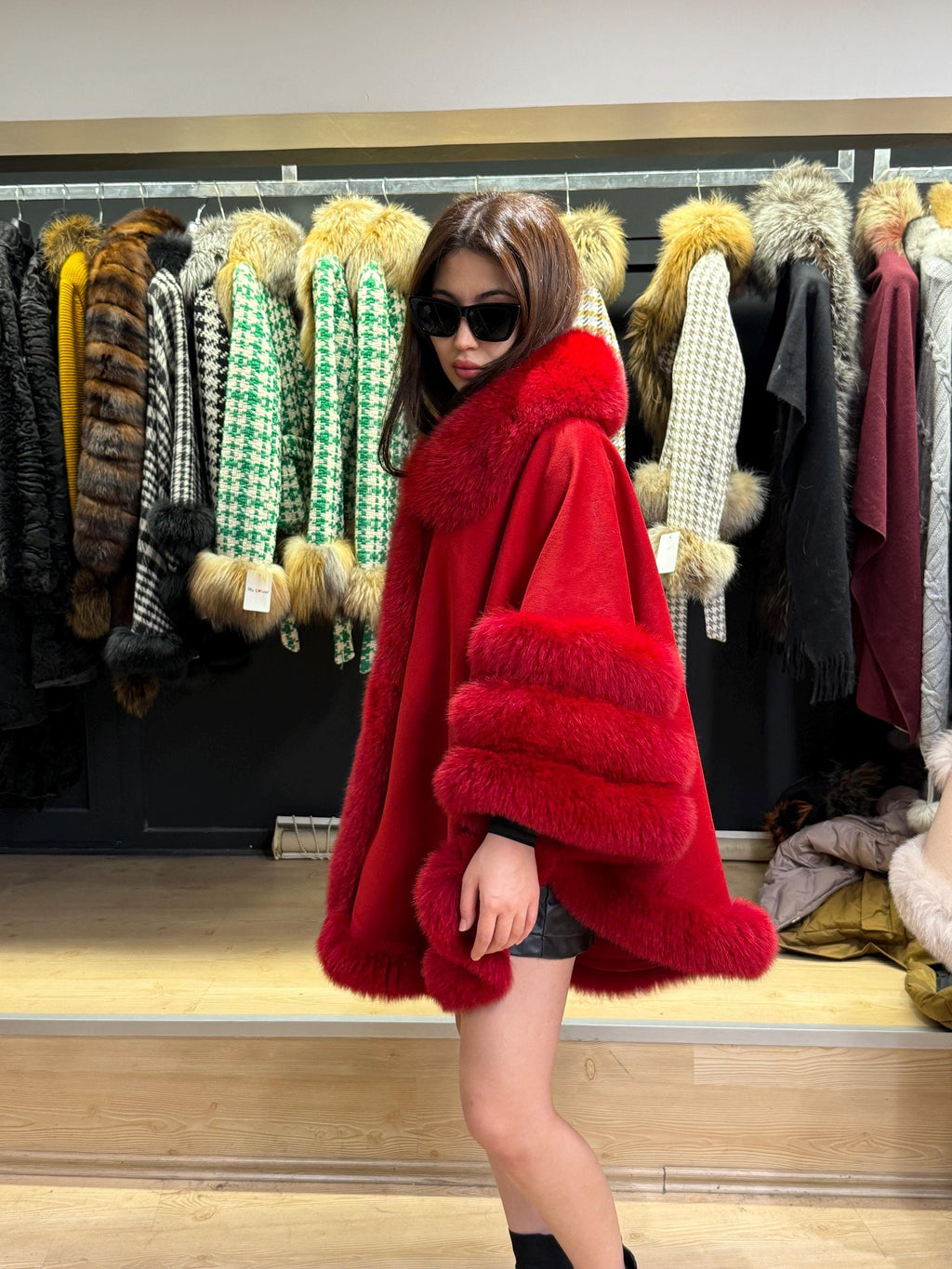 Red Wool Cashmere Cape Coat with Fox Fur Trim, Women Fox Fur Jacket..- Red Fox Fur Jacket.. Fox Fur Cape— Fox Fur
