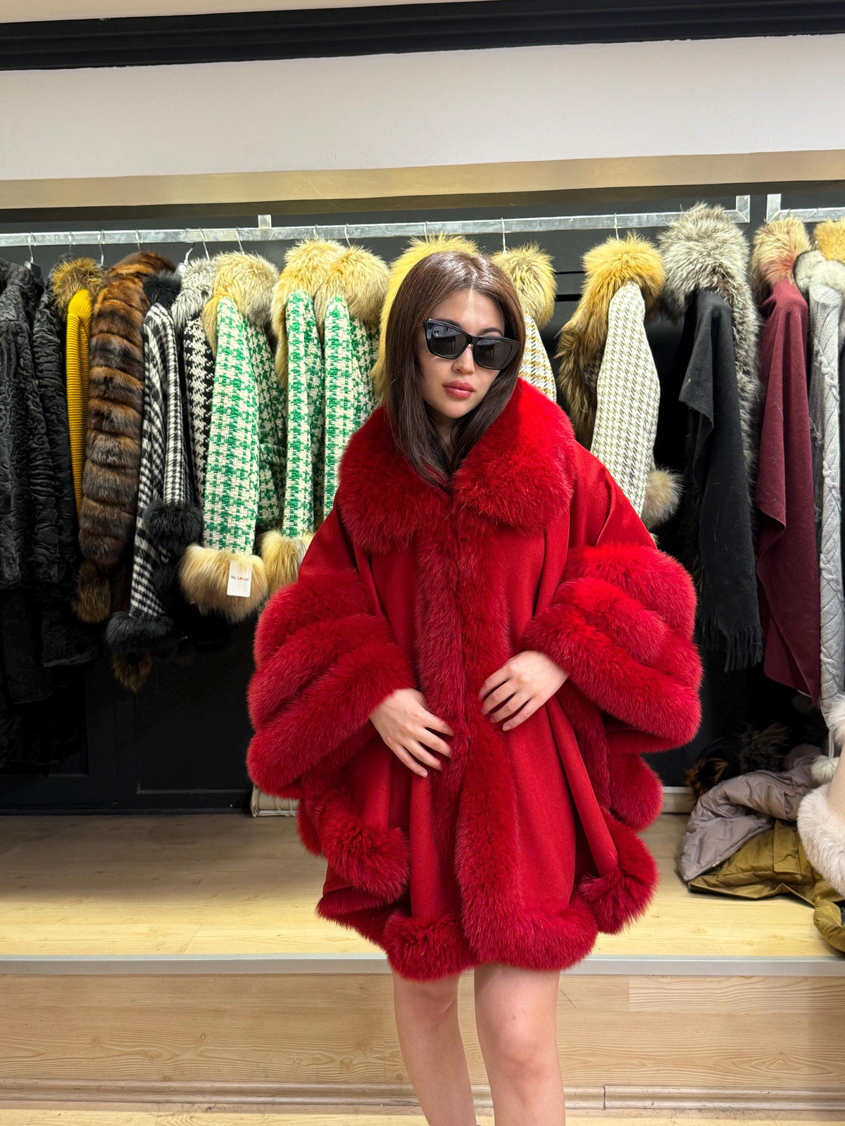 Red Wool Cashmere Cape Coat with Fox Fur Trim, Women Fox Fur Jacket..- Red Fox Fur Jacket.. Fox Fur Cape— Fox Fur
