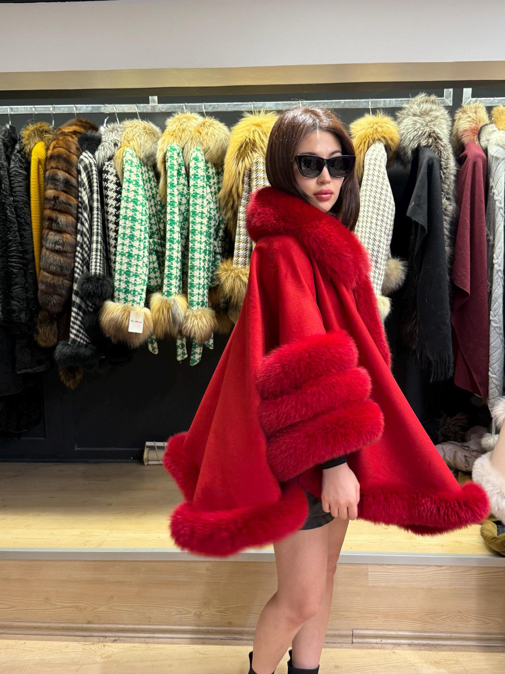 Red Wool Cashmere Cape Coat with Fox Fur Trim, Women Fox Fur Jacket..- Red Fox Fur Jacket.. Fox Fur Cape— Fox Fur