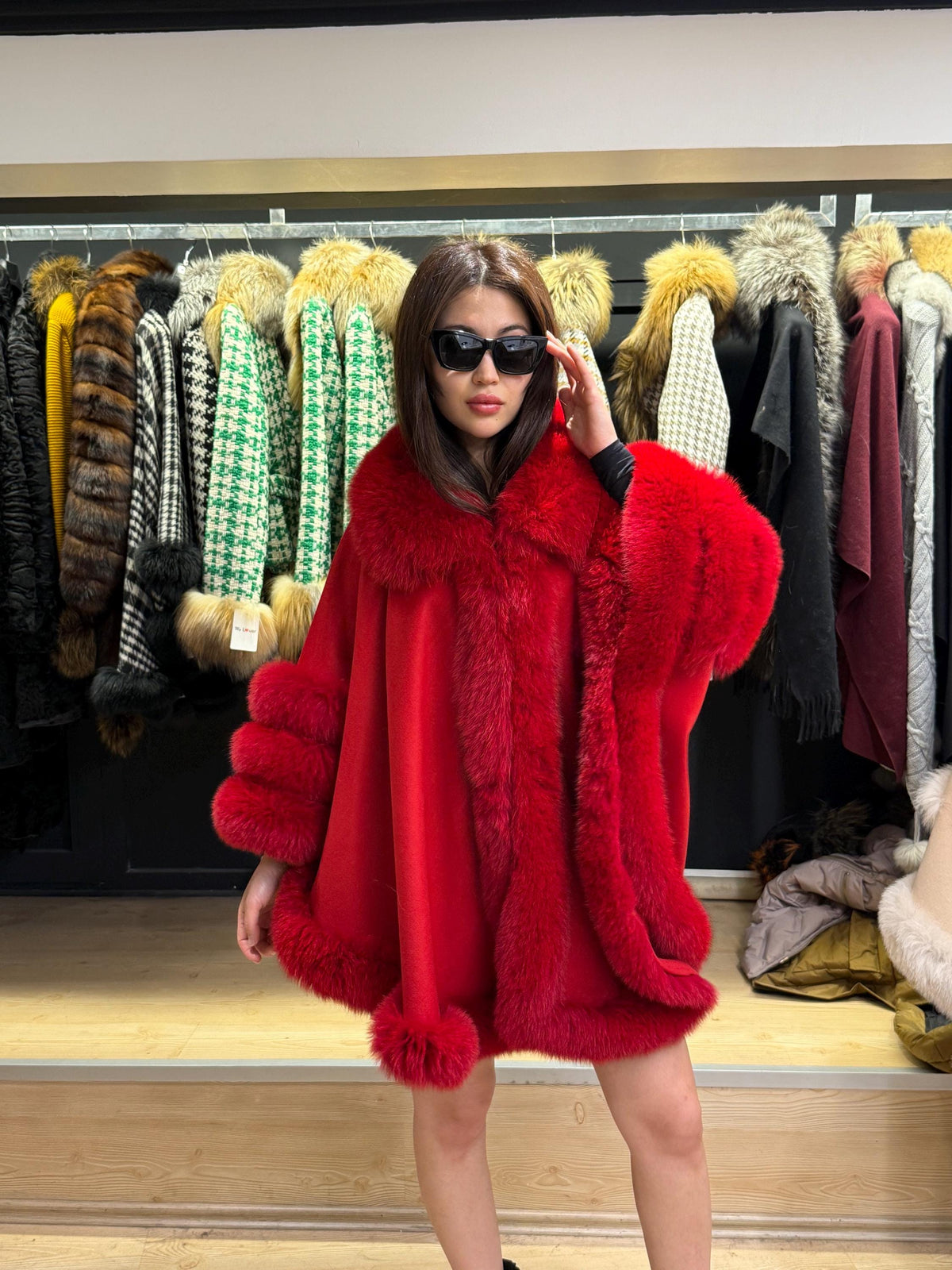 Red Wool Cashmere Cape Coat with Fox Fur Trim, Women Fox Fur Jacket..- Red Fox Fur Jacket.. Fox Fur Cape— Fox Fur