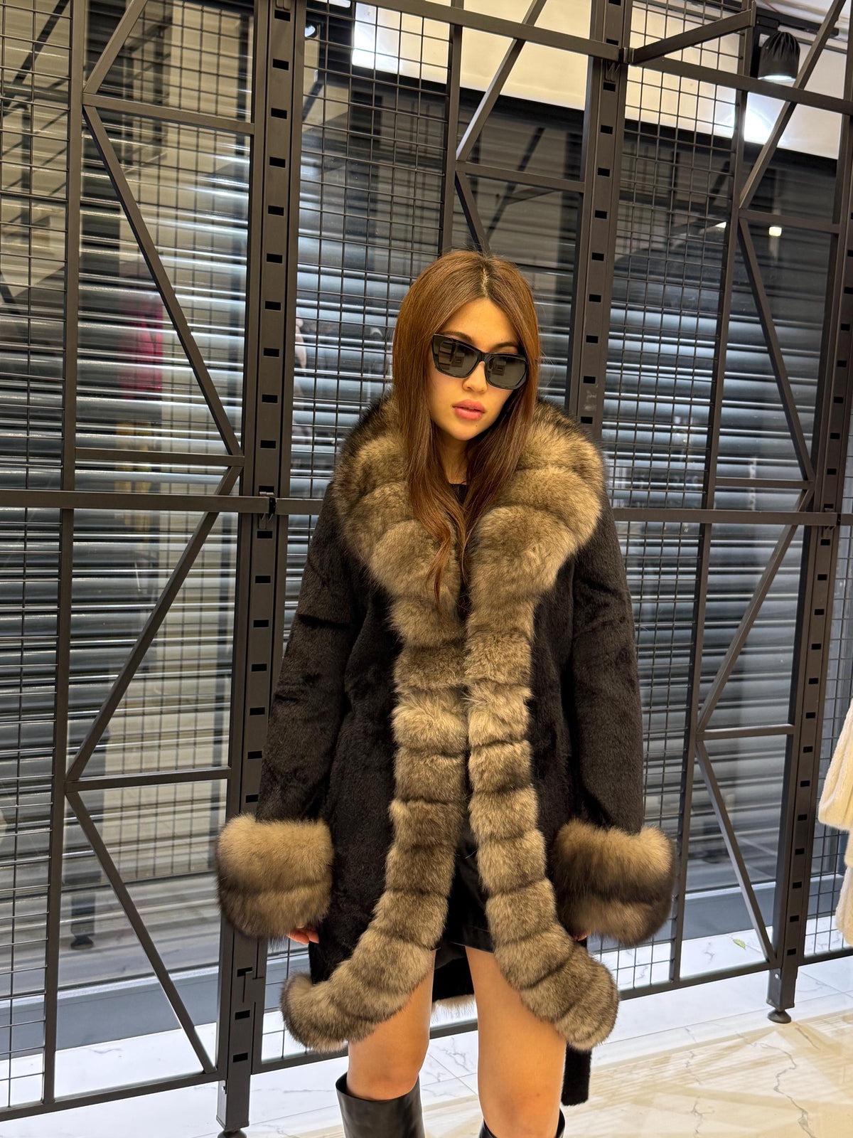 Black Short Fox Fur Trim Alcantara Fabric Coat. Front & Cuffs Brown Fox Fur Jacket