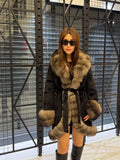 Black Short Fox Fur Trim Alcantara Fabric Coat. Front & Cuffs Brown Fox Fur Jacket