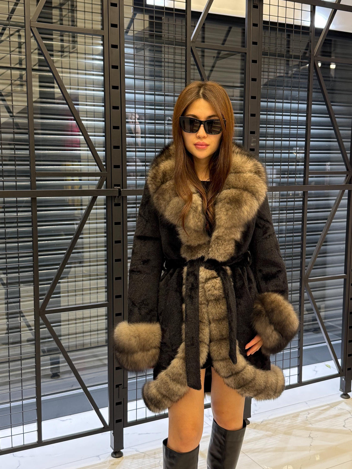 Black Short Fox Fur Trim Alcantara Fabric Coat. Front & Cuffs Brown Fox Fur Jacket