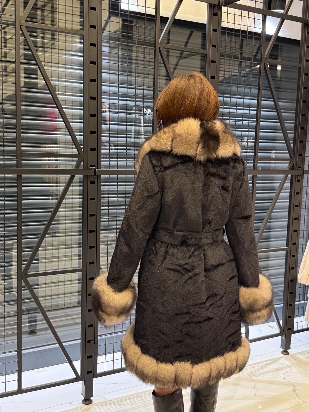 Black Short Fox Fur Trim Alcantara Fabric Coat. Front & Cuffs Brown Fox Fur Jacket