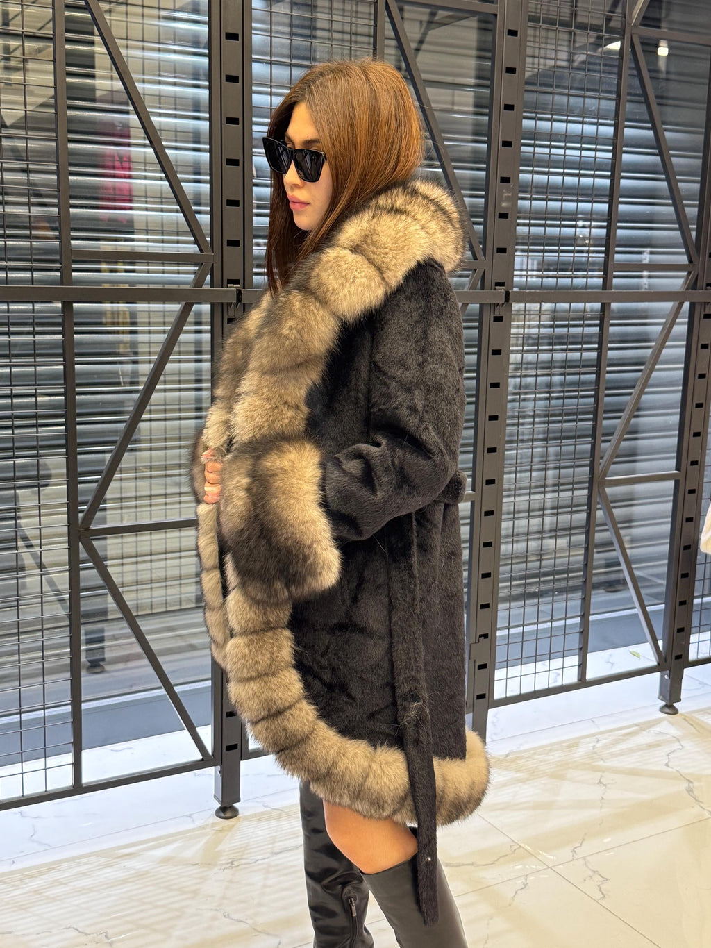 Black Short Fox Fur Trim Alcantara Fabric Coat. Front & Cuffs Brown Fox Fur Jacket