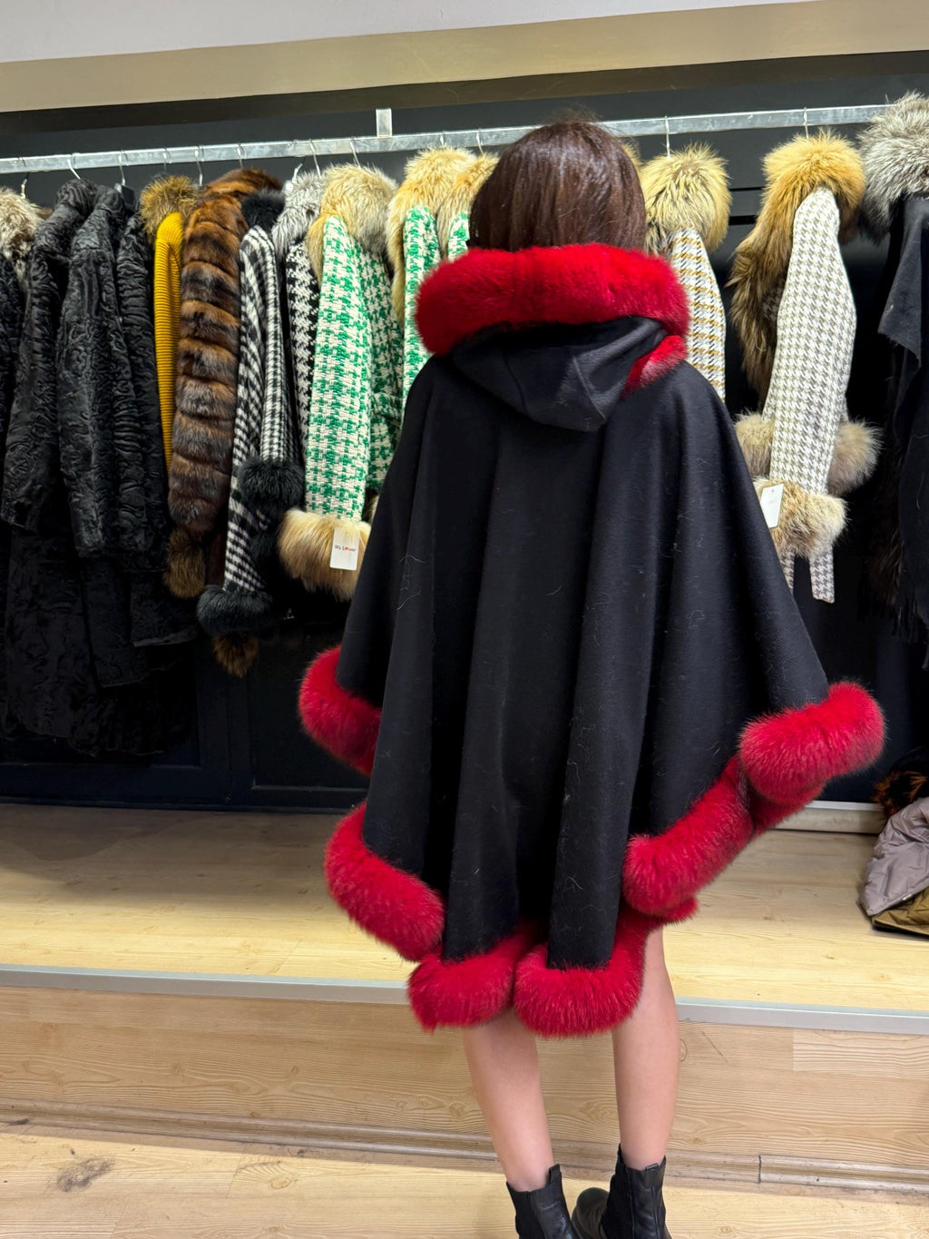 Black Wool Cashmere Cape Coat with Res Fox Fur Trim – Luxury Hooded Winter Wrap, Elegant Oversized Shawl Poncho, Red Fox Fur Cape