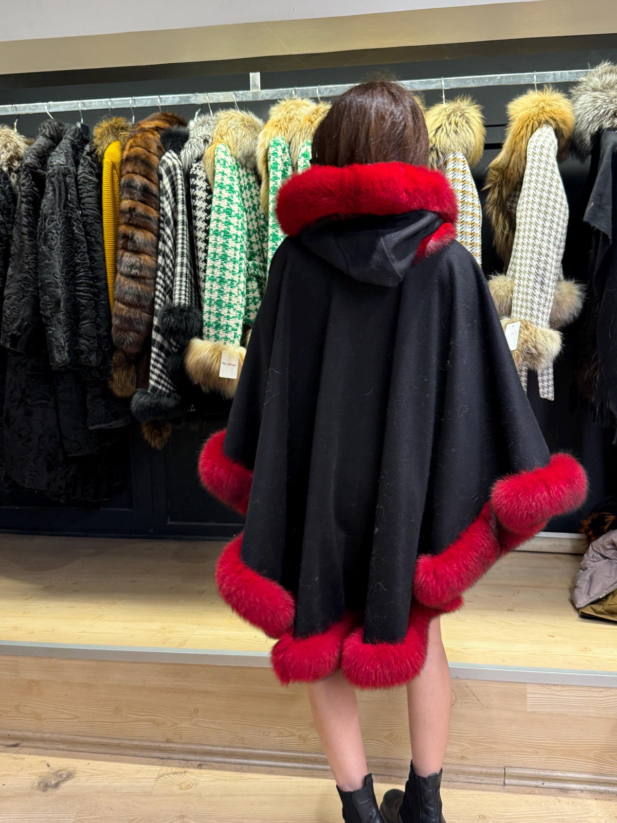 Black Wool Cashmere Cape Coat with Res Fox Fur Trim – Luxury Hooded Winter Wrap, Elegant Oversized Shawl Poncho, Red Fox Fur Cape