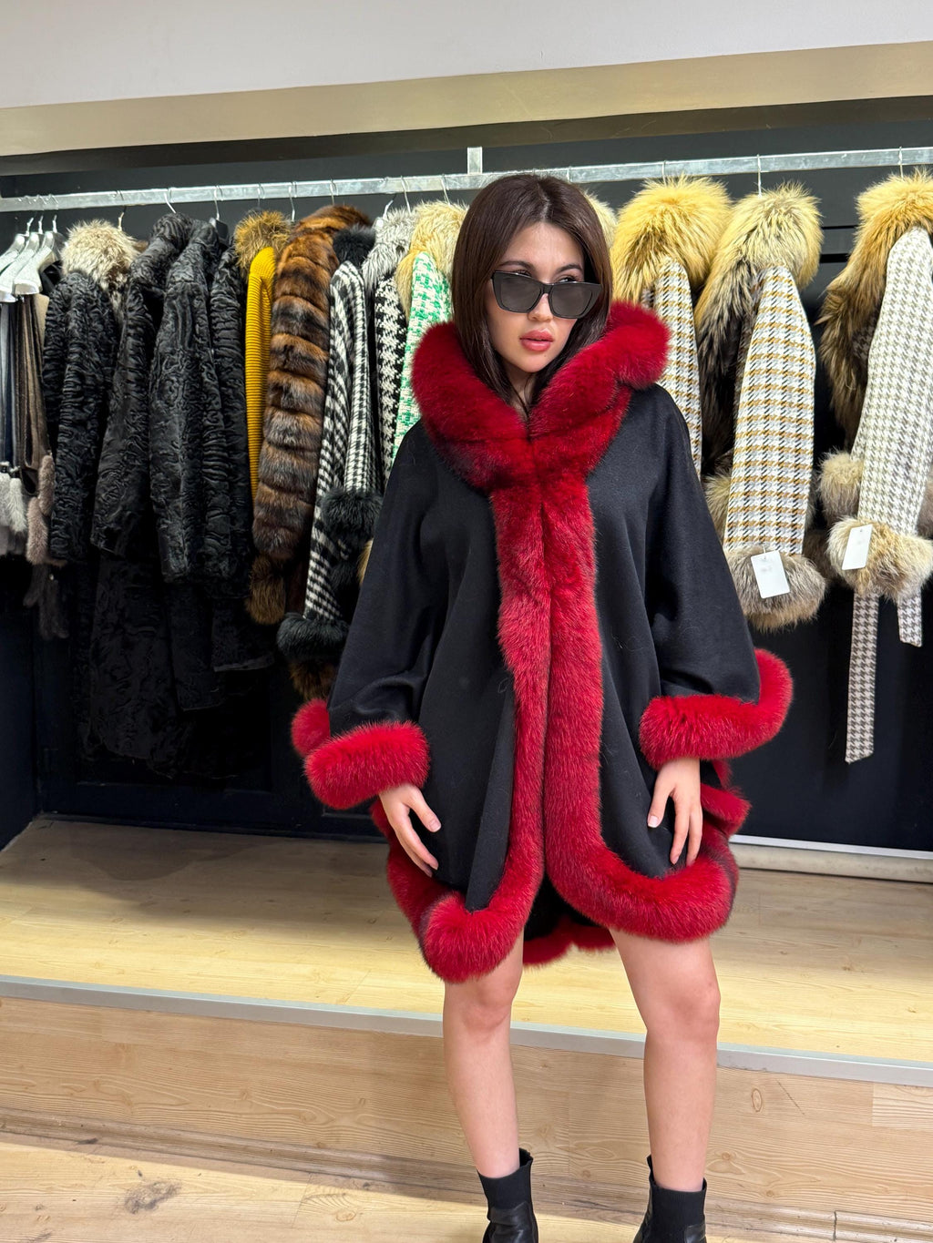 Black Wool Cashmere Cape Coat with Res Fox Fur Trim – Luxury Hooded Winter Wrap, Elegant Oversized Shawl Poncho, Red Fox Fur Cape