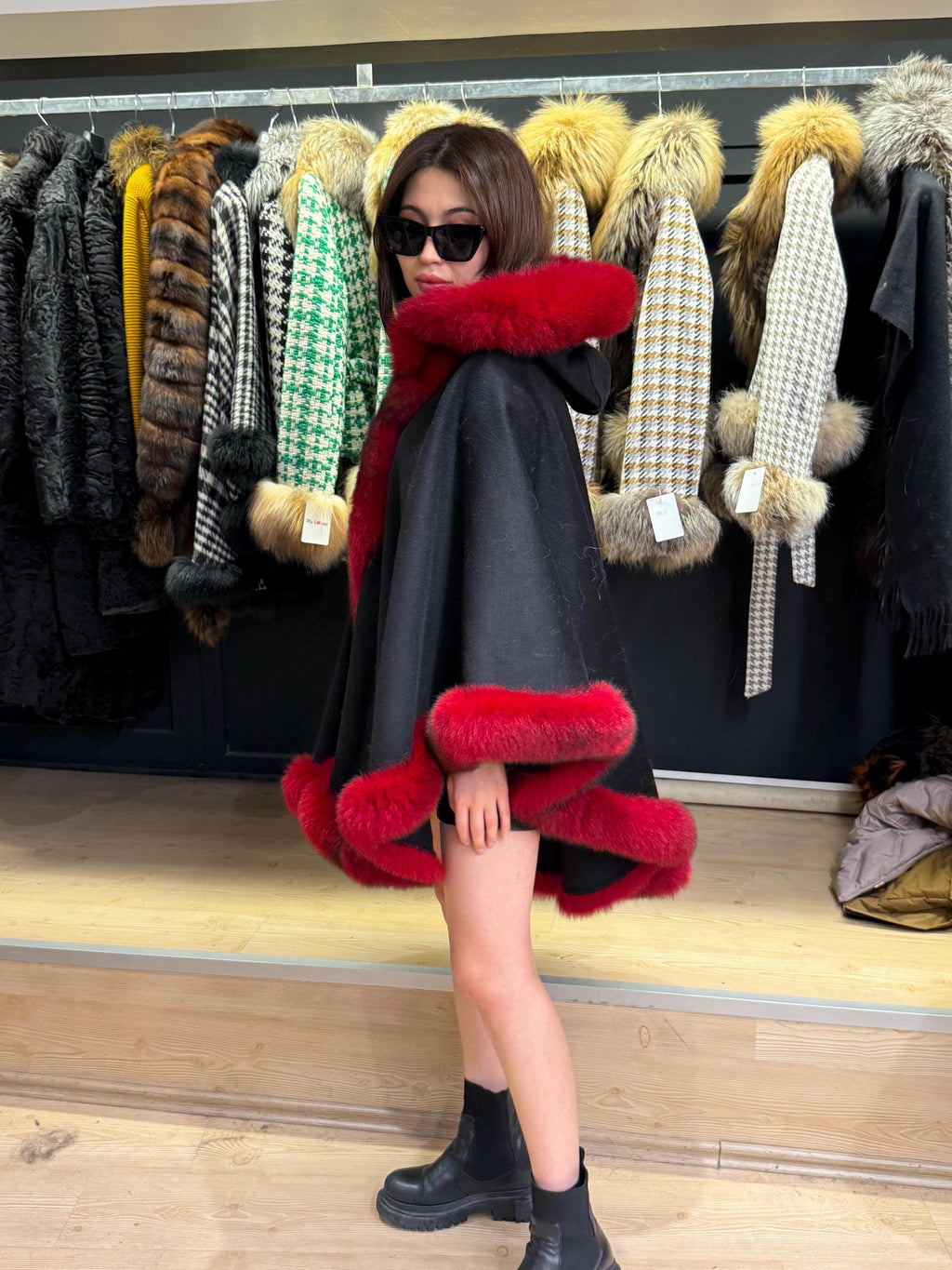 Black Wool Cashmere Cape Coat with Res Fox Fur Trim – Luxury Hooded Winter Wrap, Elegant Oversized Shawl Poncho, Red Fox Fur Cape