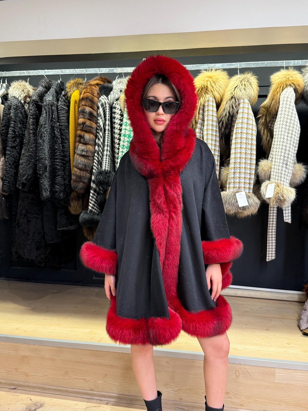 Black Wool Cashmere Cape Coat with Res Fox Fur Trim – Luxury Hooded Winter Wrap, Elegant Oversized Shawl Poncho, Red Fox Fur Cape