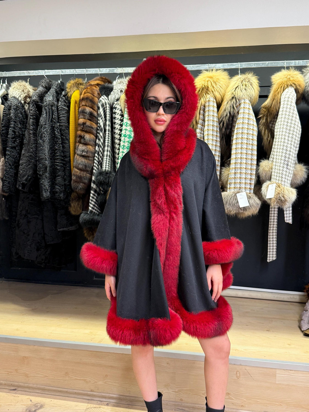 Black Wool Cashmere Cape Coat with Res Fox Fur Trim – Luxury Hooded Winter Wrap, Elegant Oversized Shawl Poncho, Red Fox Fur Cape