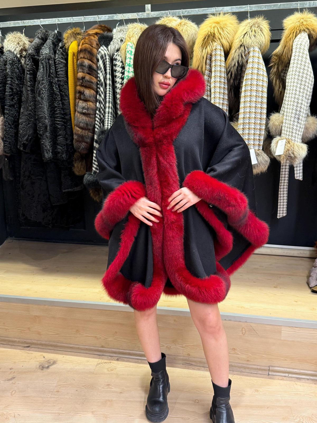 Black Wool Cashmere Cape Coat with Res Fox Fur Trim – Luxury Hooded Winter Wrap, Elegant Oversized Shawl Poncho, Red Fox Fur Cape