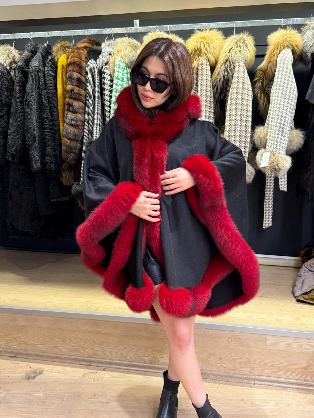 Black Wool Cashmere Cape Coat with Res Fox Fur Trim – Luxury Hooded Winter Wrap, Elegant Oversized Shawl Poncho, Red Fox Fur Cape
