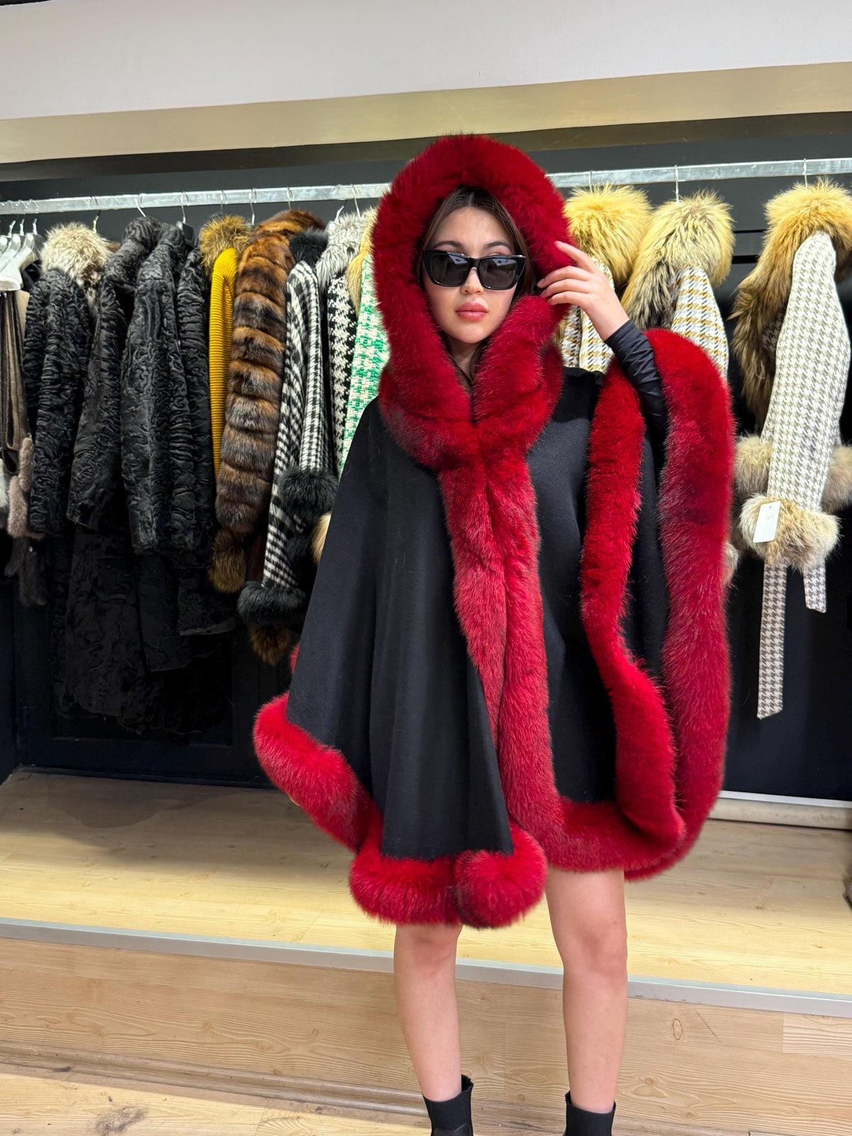 Black Wool Cashmere Cape Coat with Res Fox Fur Trim – Luxury Hooded Winter Wrap, Elegant Oversized Shawl Poncho, Red Fox Fur Cape