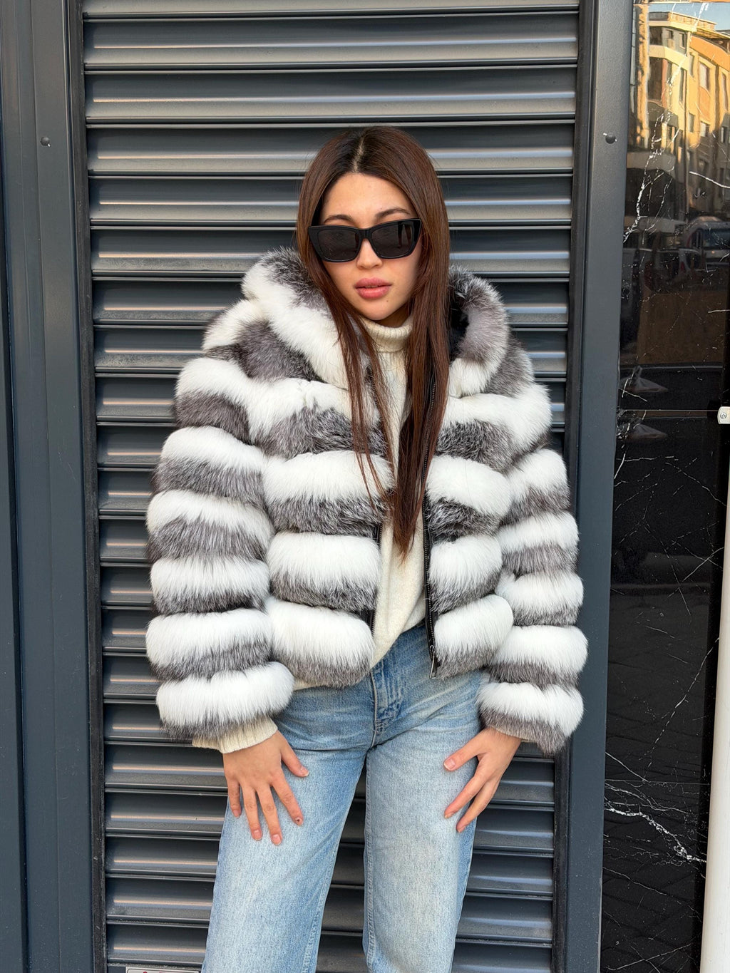 White & Silver Fox Fur Jacket. Hooded Arctic Fox Fur Coat. Short Fox Fur Jacket. Women Fox Fur Coat