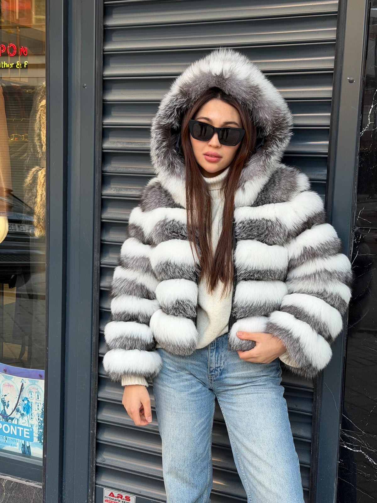 White & Silver Fox Fur Jacket. Hooded Arctic Fox Fur Coat. Short Fox Fur Jacket. Women Fox Fur Coat