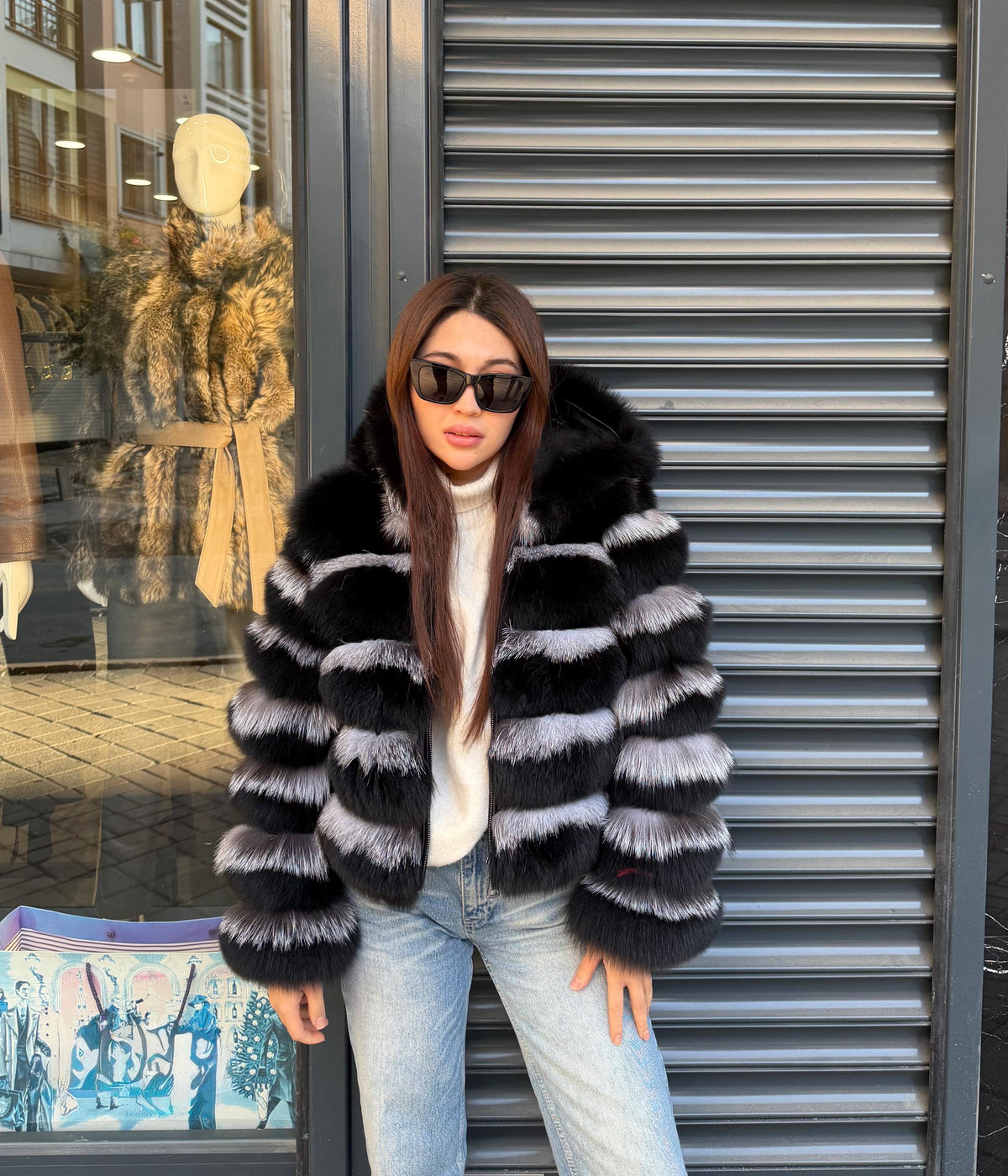 Black & Silver Fox Fur Jacket. Hooded Fox Fur Coat. Short Fox Fur Jacket. Women Fox Fur Coat
