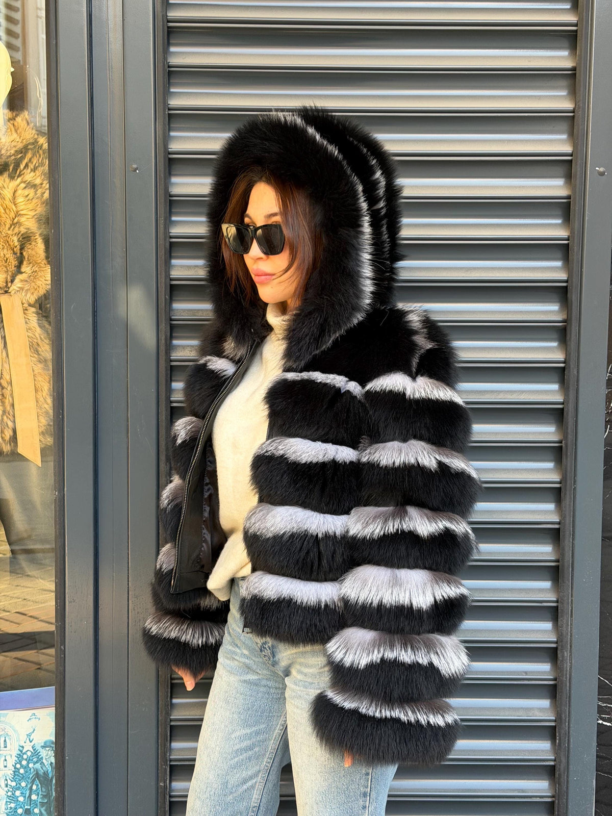 Black & Silver Fox Fur Jacket. Hooded Fox Fur Coat. Short Fox Fur Jacket. Women Fox Fur Coat