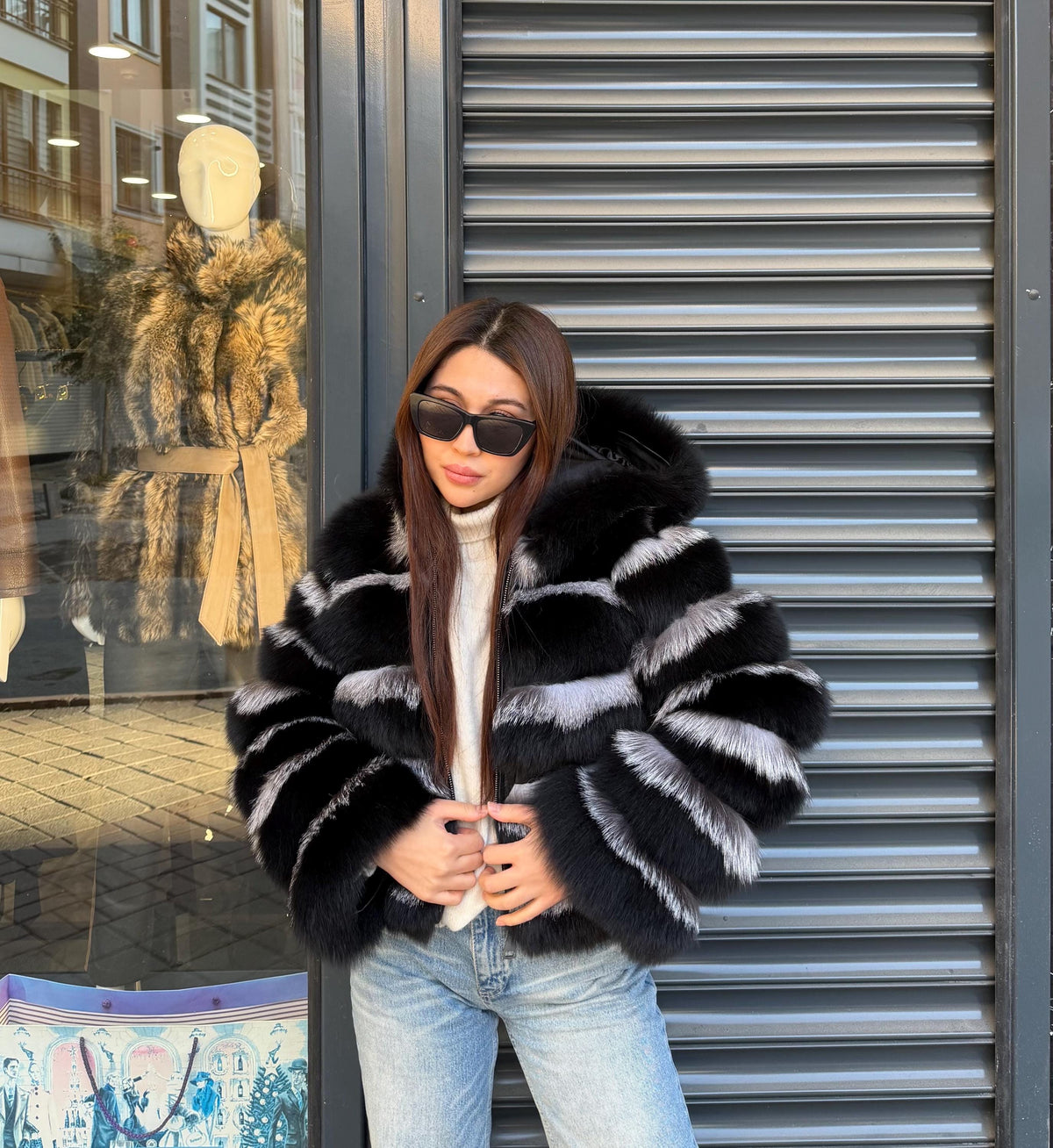 Black & Silver Fox Fur Jacket. Hooded Fox Fur Coat. Short Fox Fur Jacket. Women Fox Fur Coat