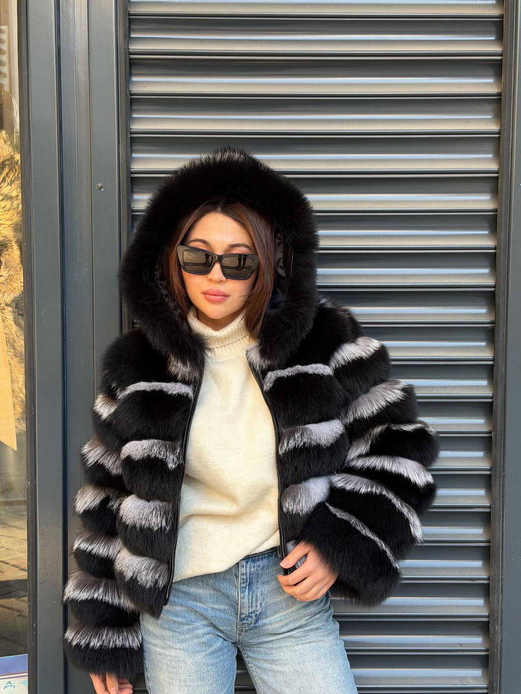Black & Silver Fox Fur Jacket. Hooded Fox Fur Coat. Short Fox Fur Jacket. Women Fox Fur Coat