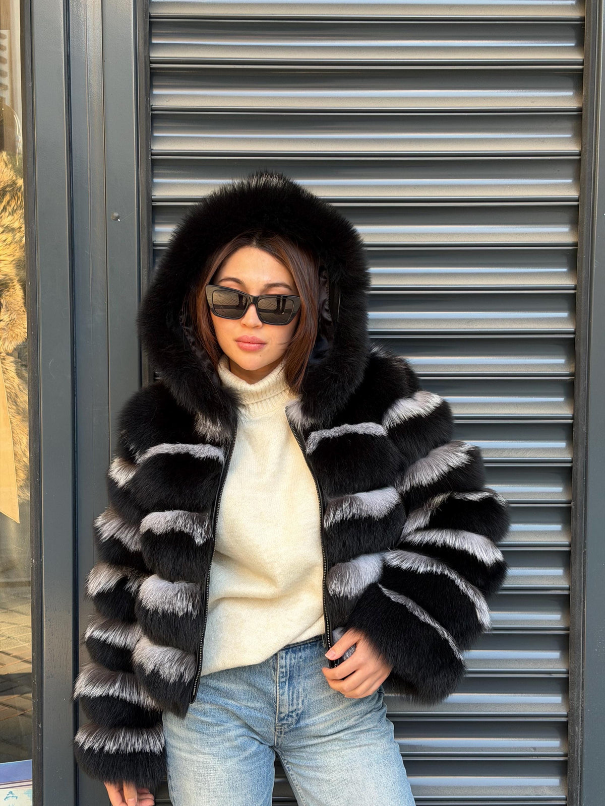 Black & Silver Fox Fur Jacket. Hooded Fox Fur Coat. Short Fox Fur Jacket. Women Fox Fur Coat