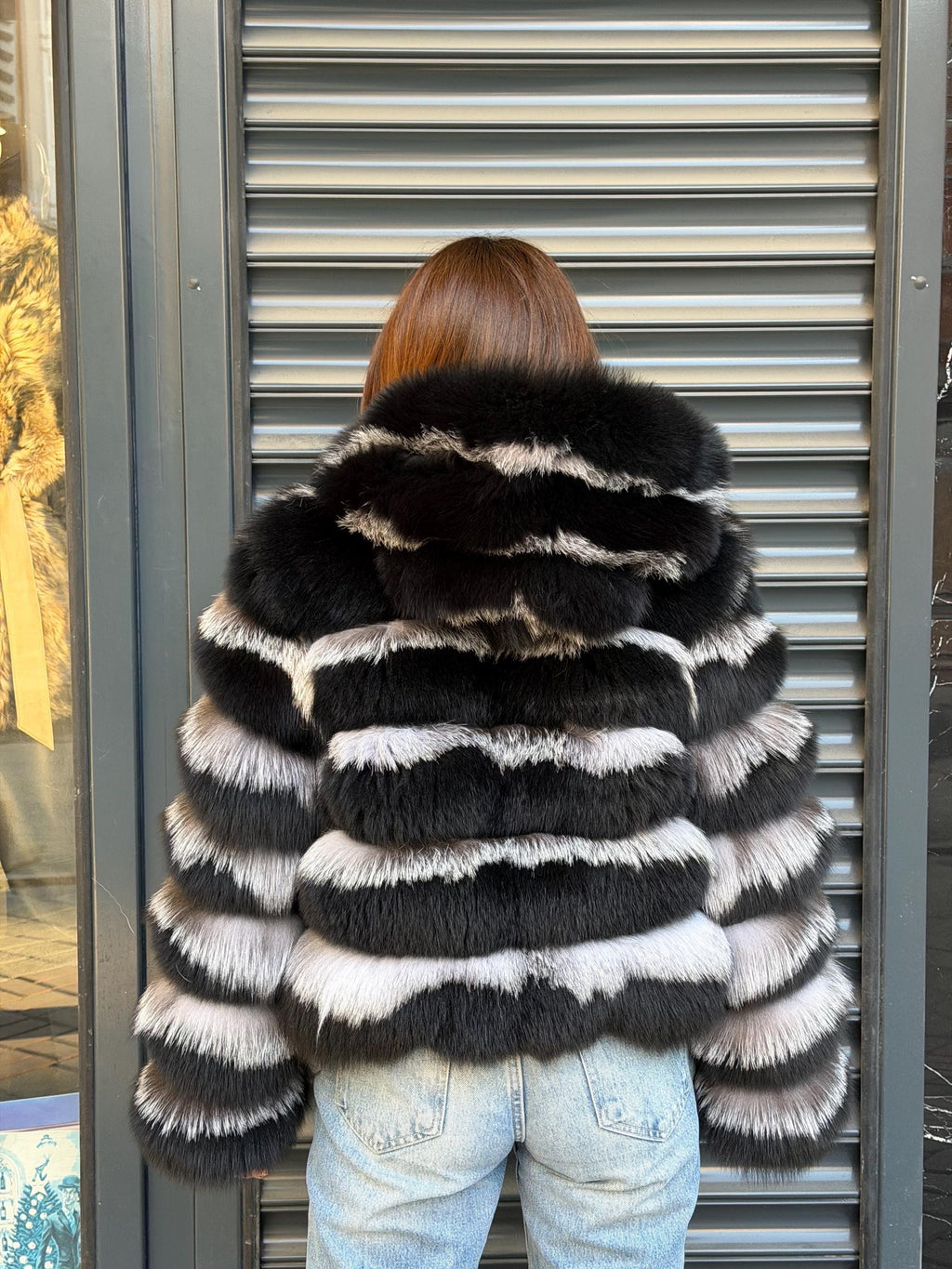 Black & Silver Fox Fur Jacket. Hooded Fox Fur Coat. Short Fox Fur Jacket. Women Fox Fur Coat