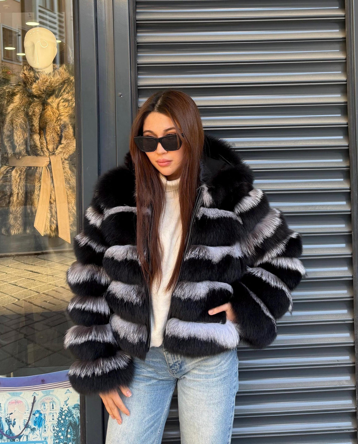 Black & Silver Fox Fur Jacket. Hooded Fox Fur Coat. Short Fox Fur Jacket. Women Fox Fur Coat