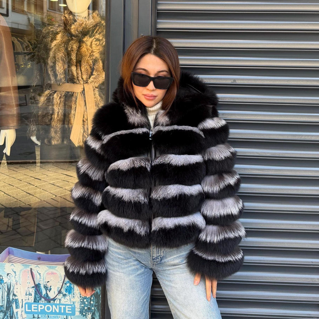 Black & Silver Fox Fur Jacket. Hooded Fox Fur Coat. Short Fox Fur Jacket. Women Fox Fur Coat