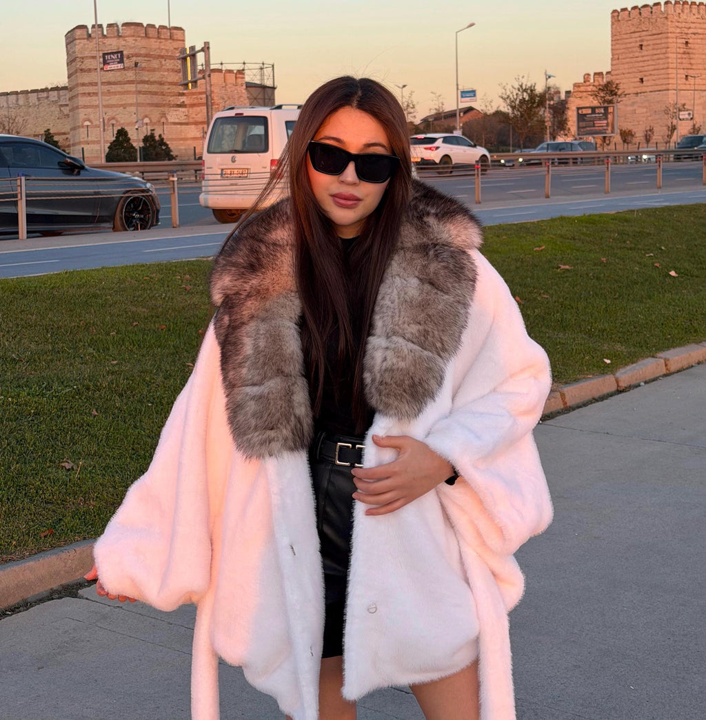 Luxury White Faux Mink Fur Cape with Real Fox Fur Collar | Elegant Women’s Winter Fox Fur Trim Coat