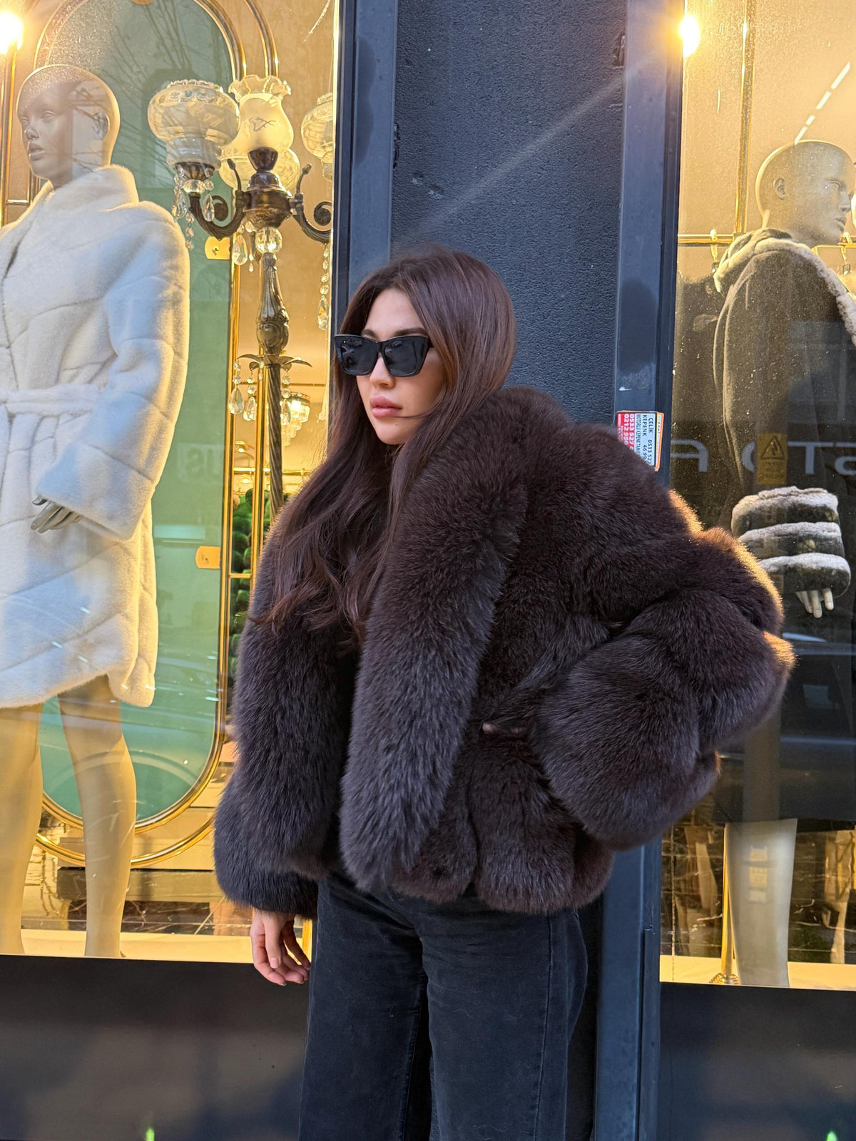 Brown Fox Fur Jacket: Short Shawl Collar Fox Fur Jacket