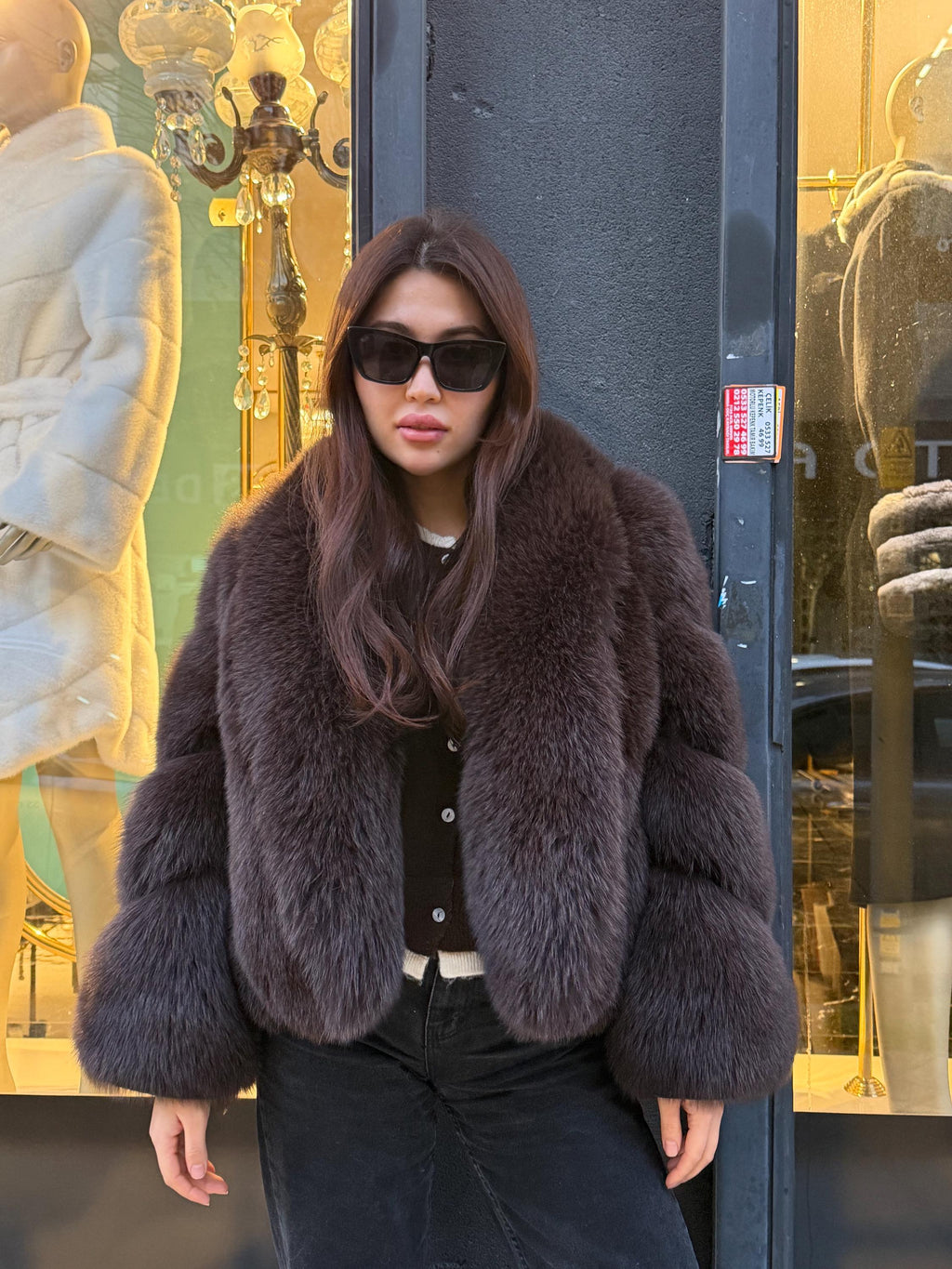 Brown Fox Fur Jacket: Short Shawl Collar Fox Fur Jacket