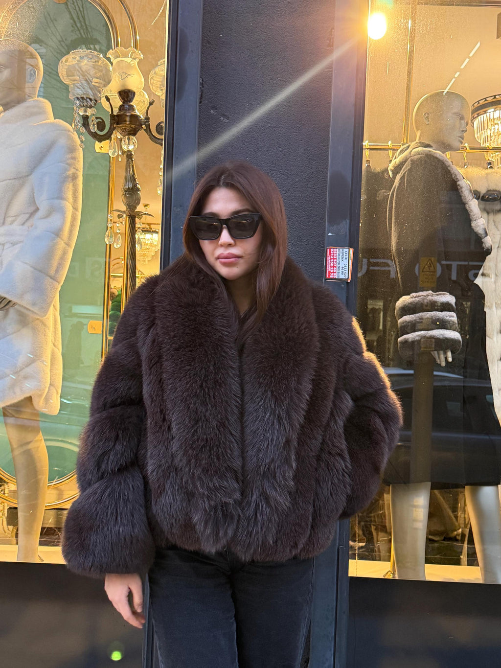 Brown Fox Fur Jacket: Short Shawl Collar Fox Fur Jacket