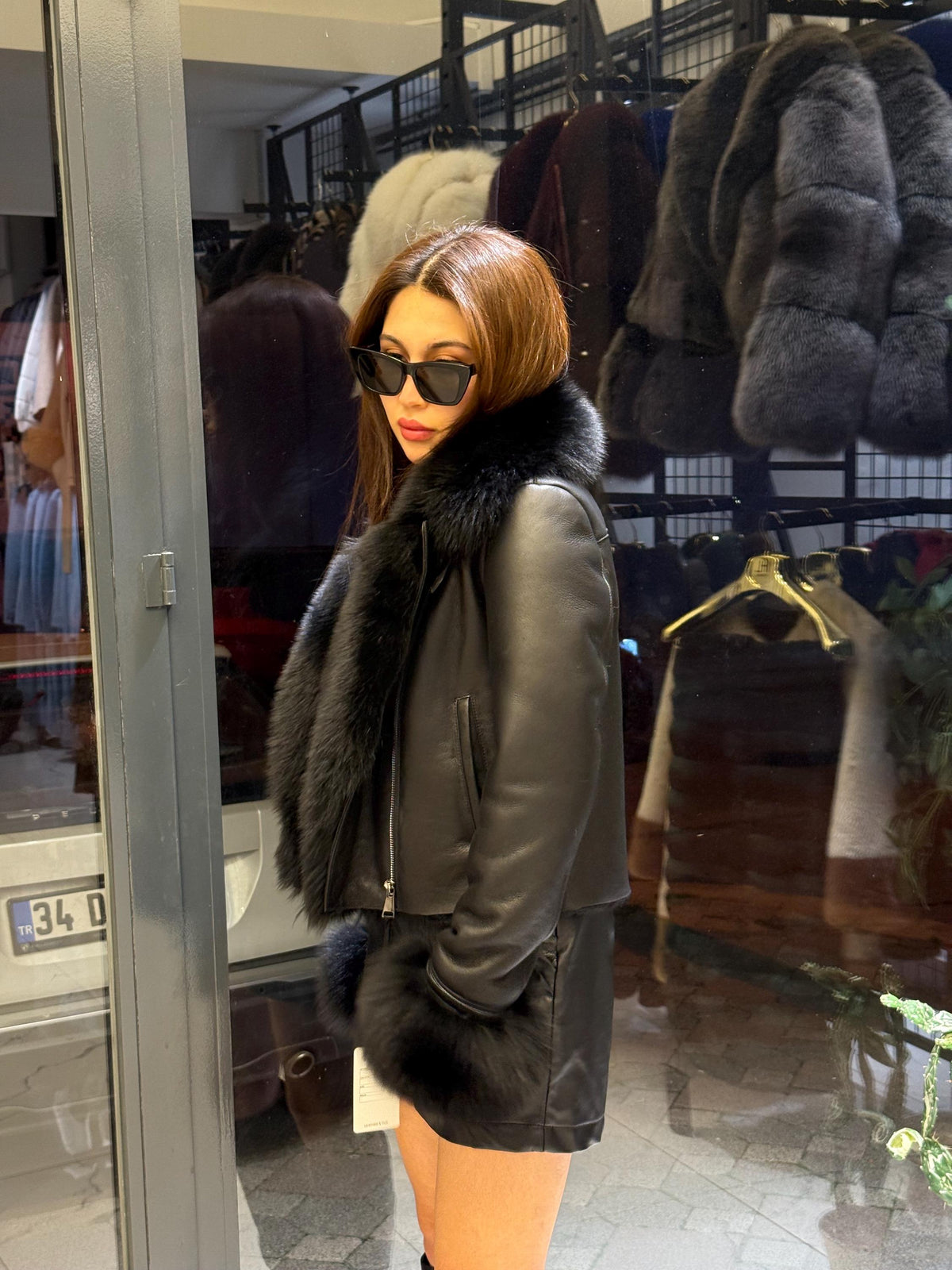 Black Women’s Shearling Coat, Handmade Lamb Short Front Fox Fur Jacket