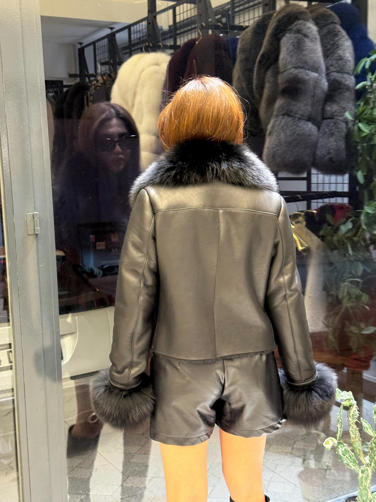 Black Women’s Shearling Coat, Handmade Lamb Short Front Fox Fur Jacket