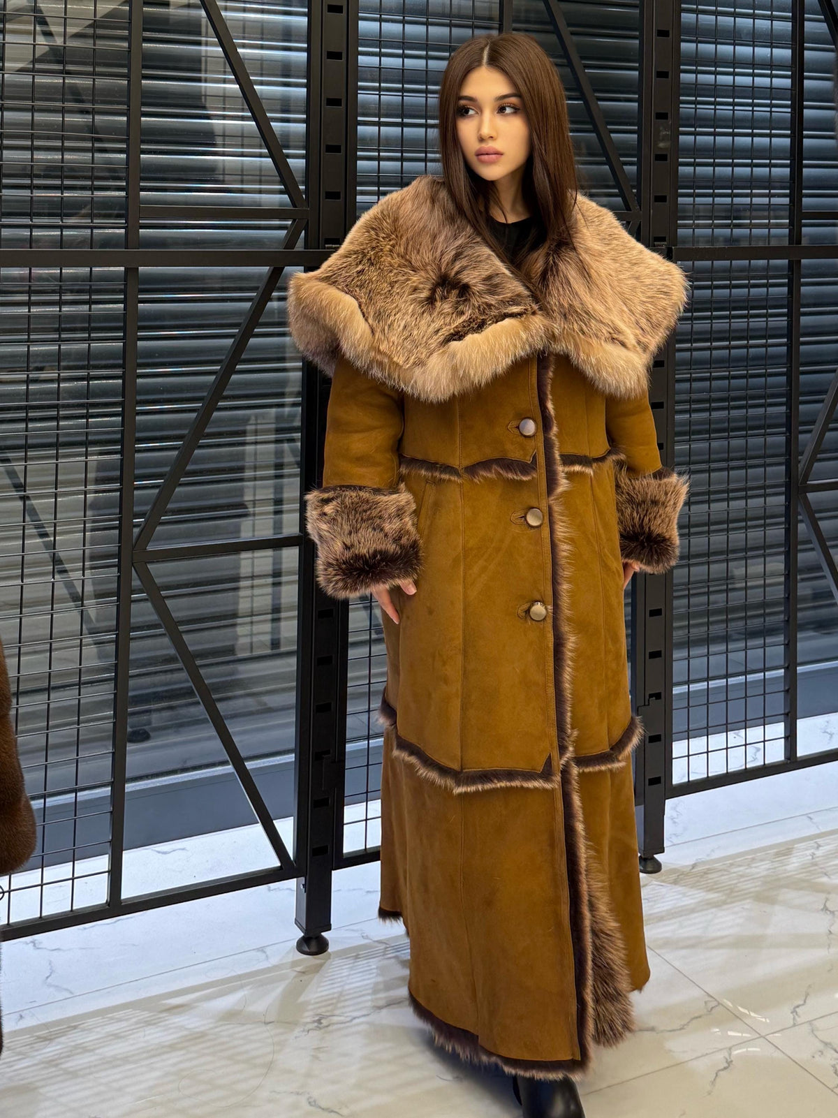 Long Whiskey Brown Toscana Shearling Coat. Hooded Baby Toscana Suede Fur Coat. Full Length Shearling Coat