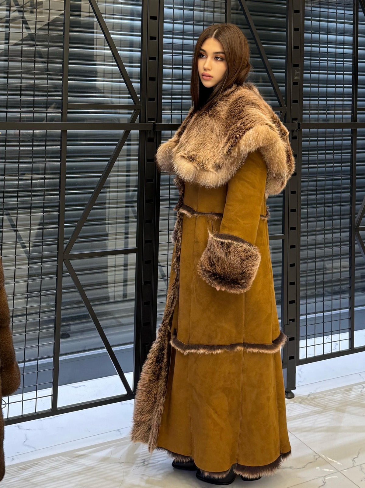 Long Whiskey Brown Toscana Shearling Coat. Hooded Baby Toscana Suede Fur Coat. Full Length Shearling Coat