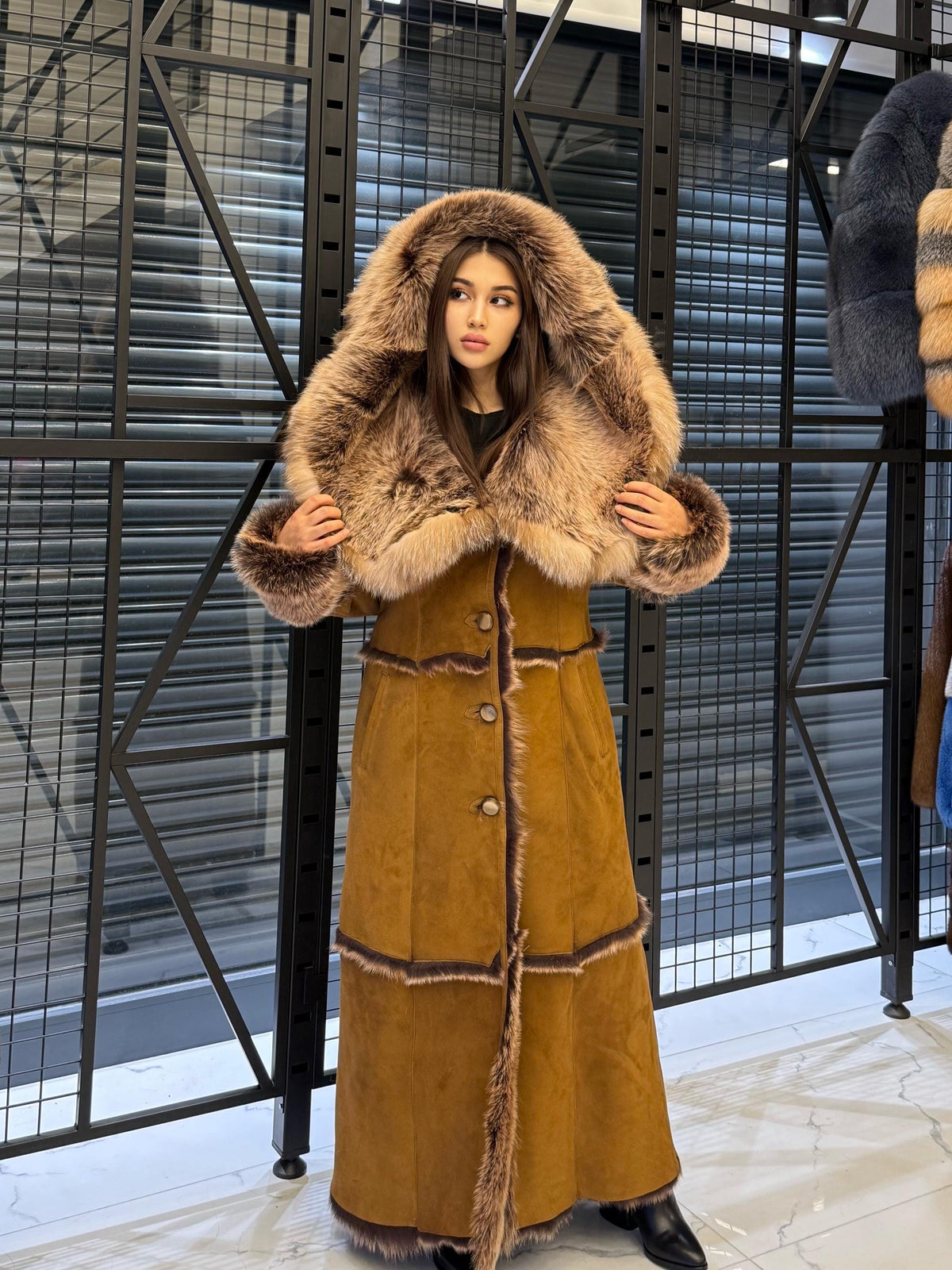 Long Whiskey Brown Toscana Shearling Coat. Hooded Baby Toscana Suede Fur Coat. Full Length Shearling Coat