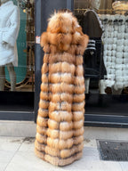 Long Hooded Gold Fox Fur Vest, Women 2 in 1 Fox Fur Gilet, Sleeveless Fox Fur Jacket, Full Length Fox Fur Vest.