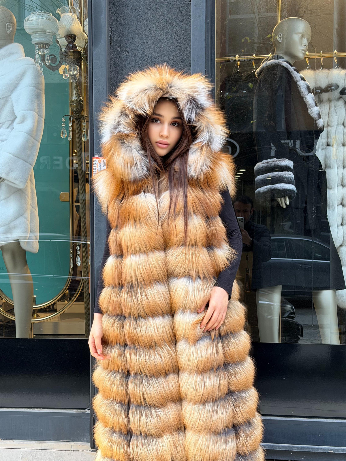 Long Hooded Gold Fox Fur Vest, Women 2 in 1 Fox Fur Gilet, Sleeveless Fox Fur Jacket, Full Length Fox Fur Vest.