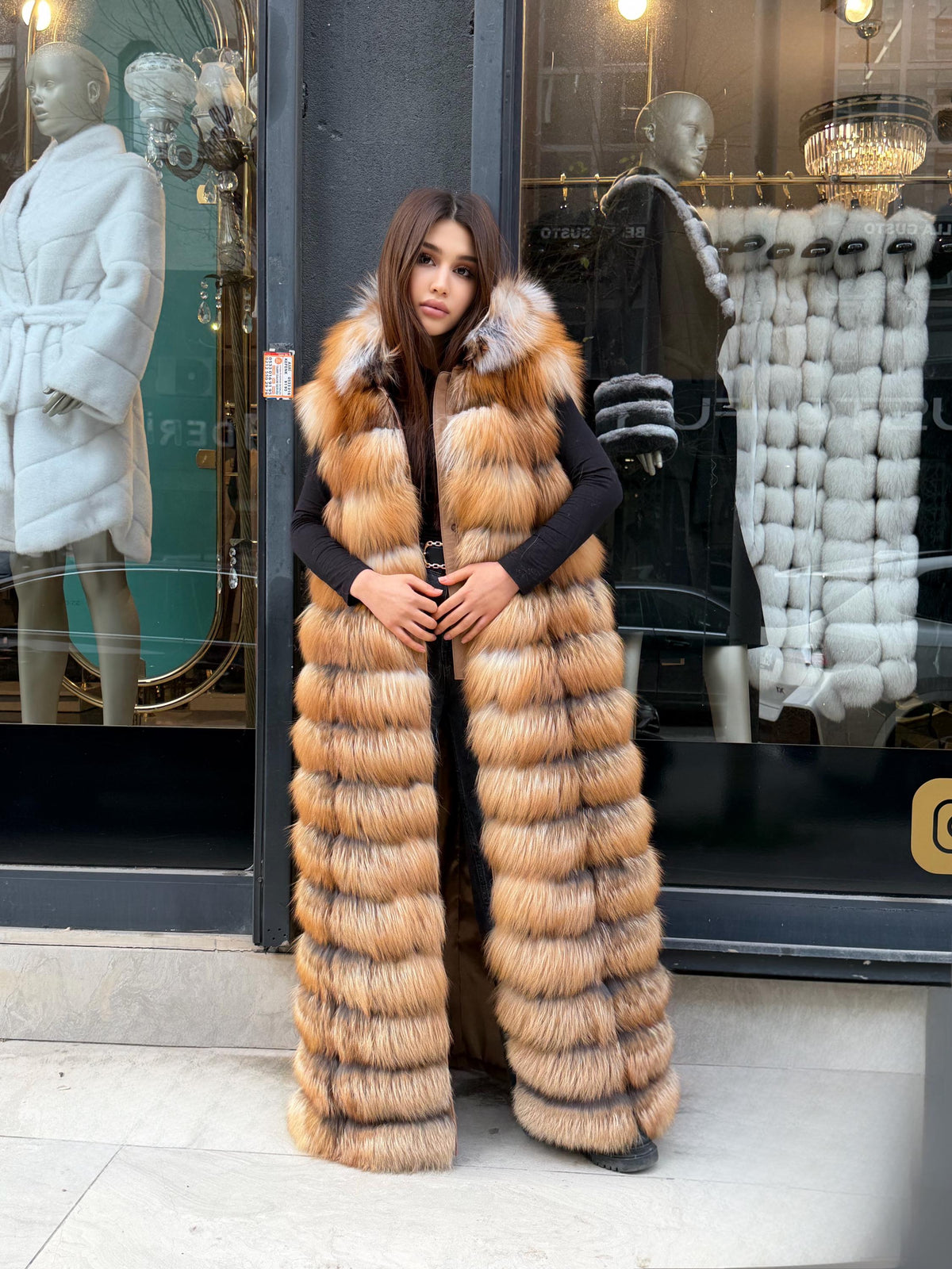 Long Hooded Gold Fox Fur Vest, Women 2 in 1 Fox Fur Gilet, Sleeveless Fox Fur Jacket, Full Length Fox Fur Vest.