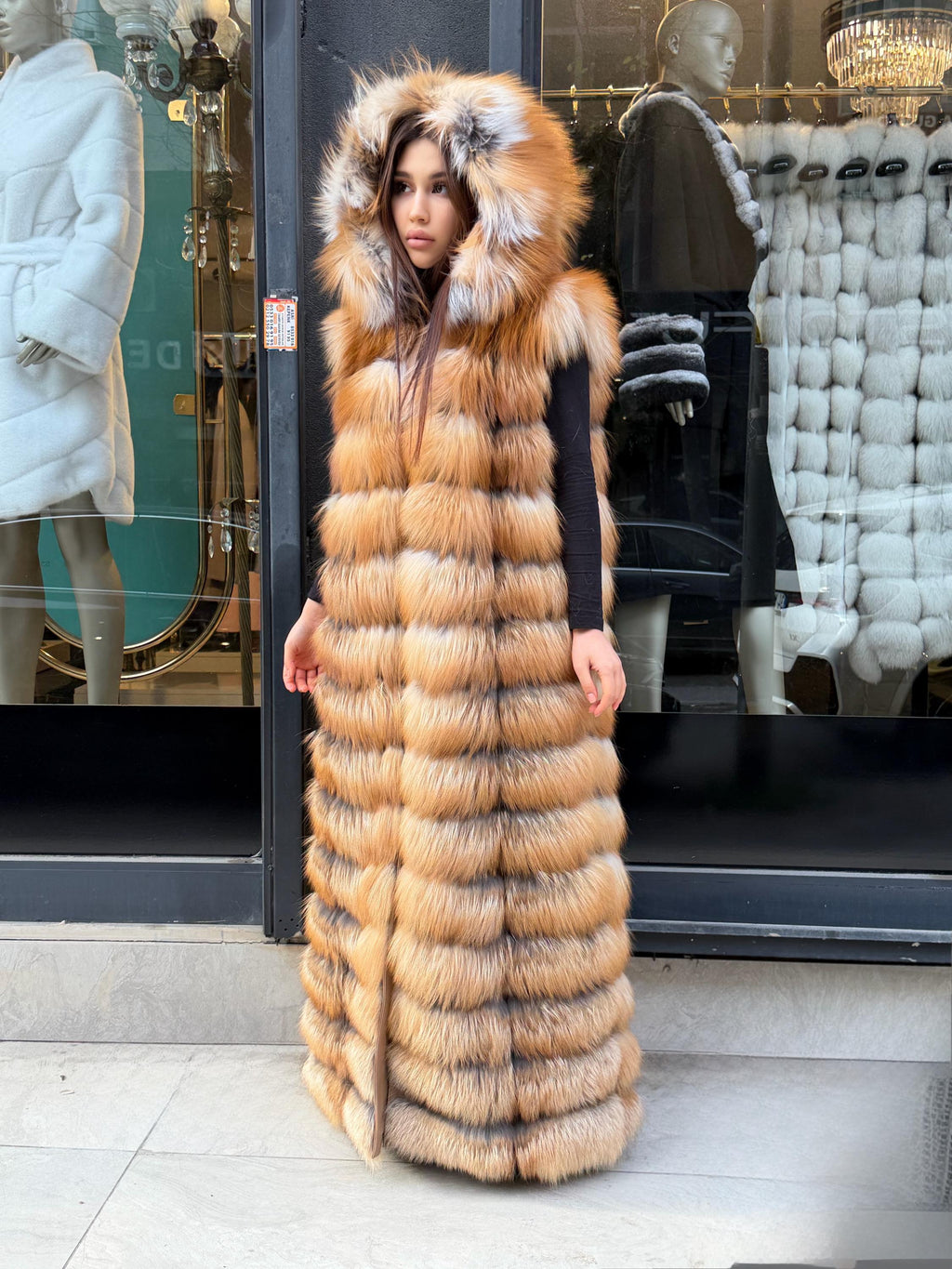 Long Hooded Gold Fox Fur Vest, Women 2 in 1 Fox Fur Gilet, Sleeveless Fox Fur Jacket, Full Length Fox Fur Vest.