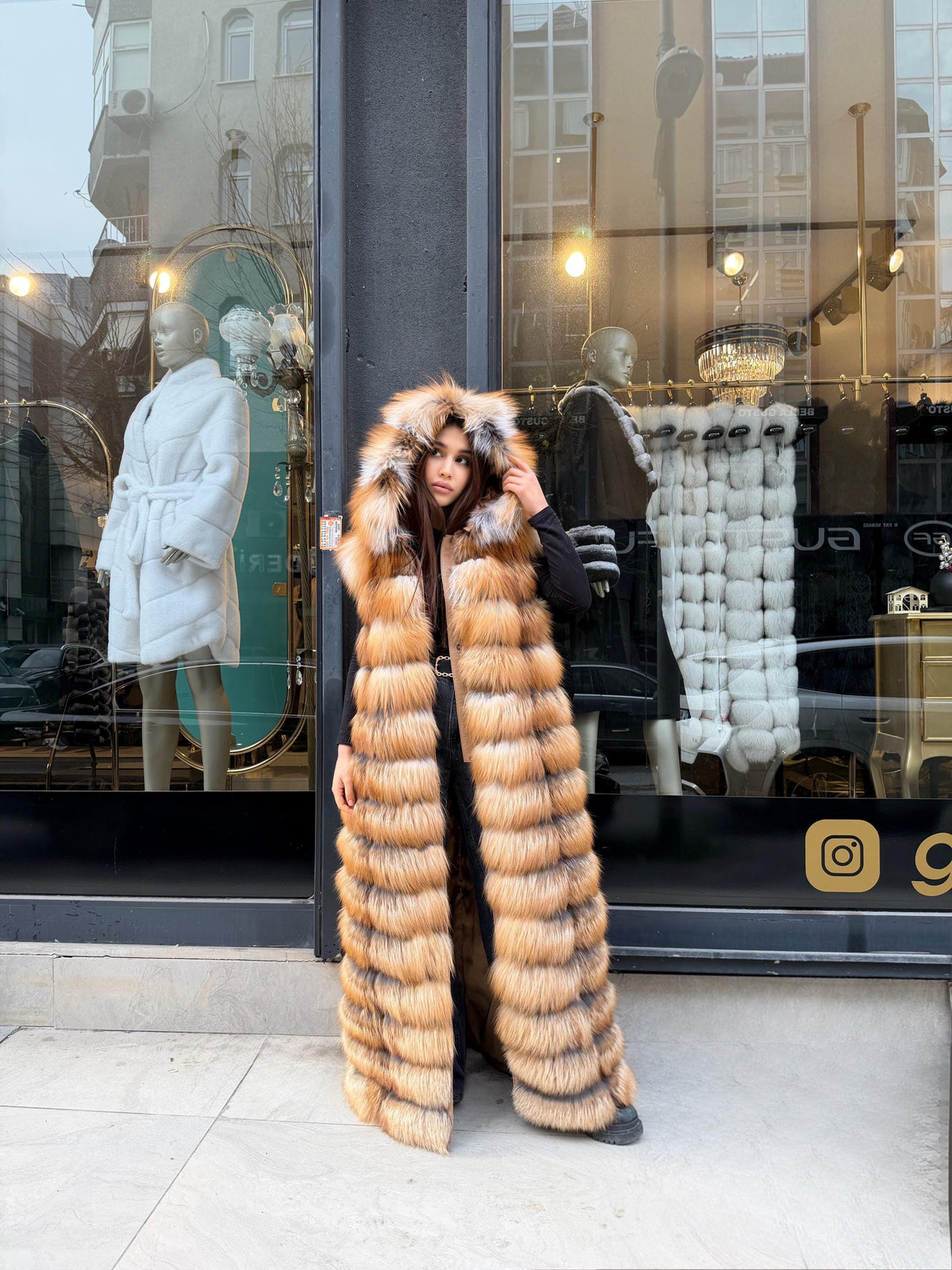 Long Hooded Gold Fox Fur Vest, Women 2 in 1 Fox Fur Gilet, Sleeveless Fox Fur Jacket, Full Length Fox Fur Vest.