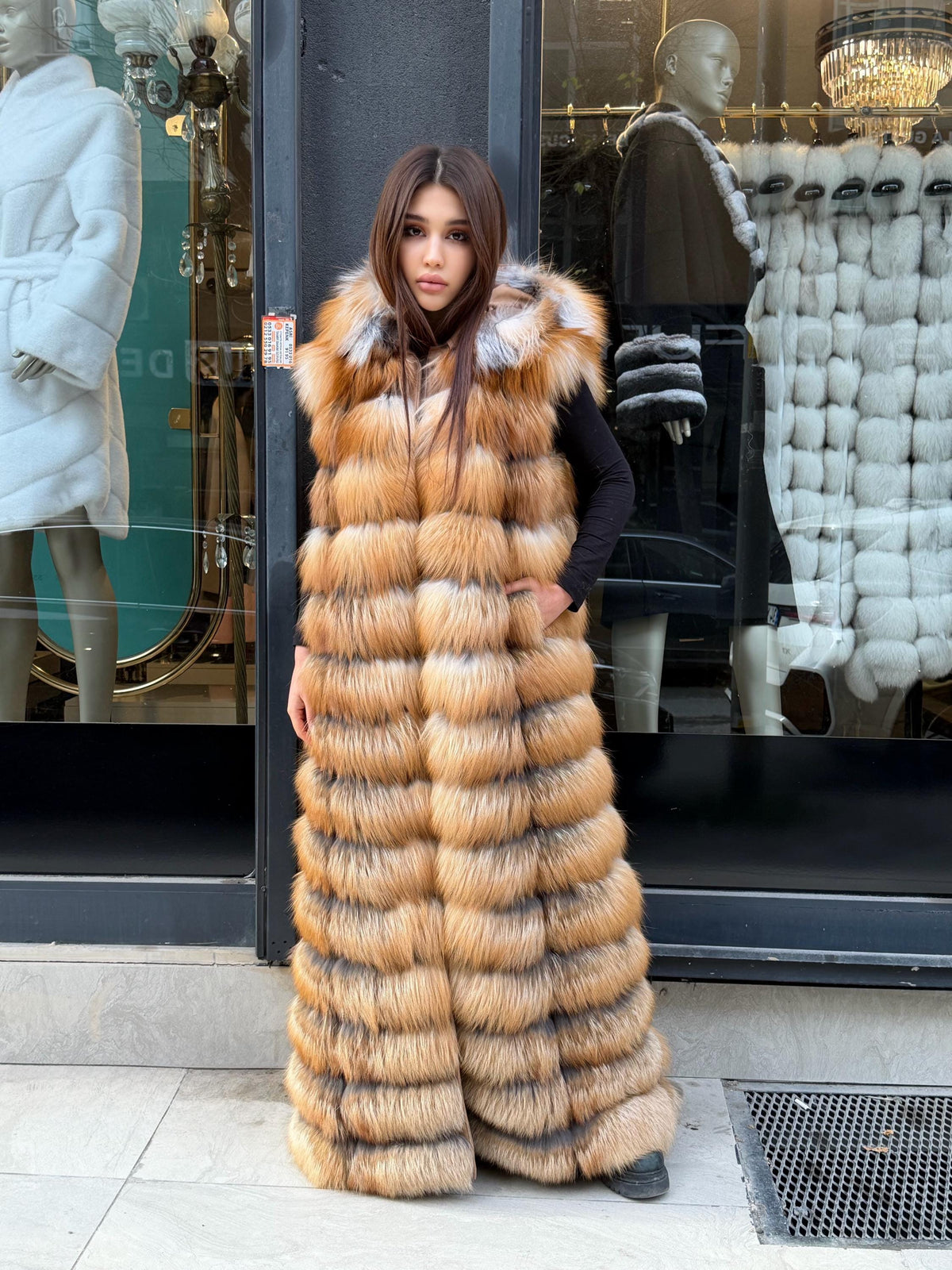 Long Hooded Gold Fox Fur Vest, Women 2 in 1 Fox Fur Gilet, Sleeveless Fox Fur Jacket, Full Length Fox Fur Vest.