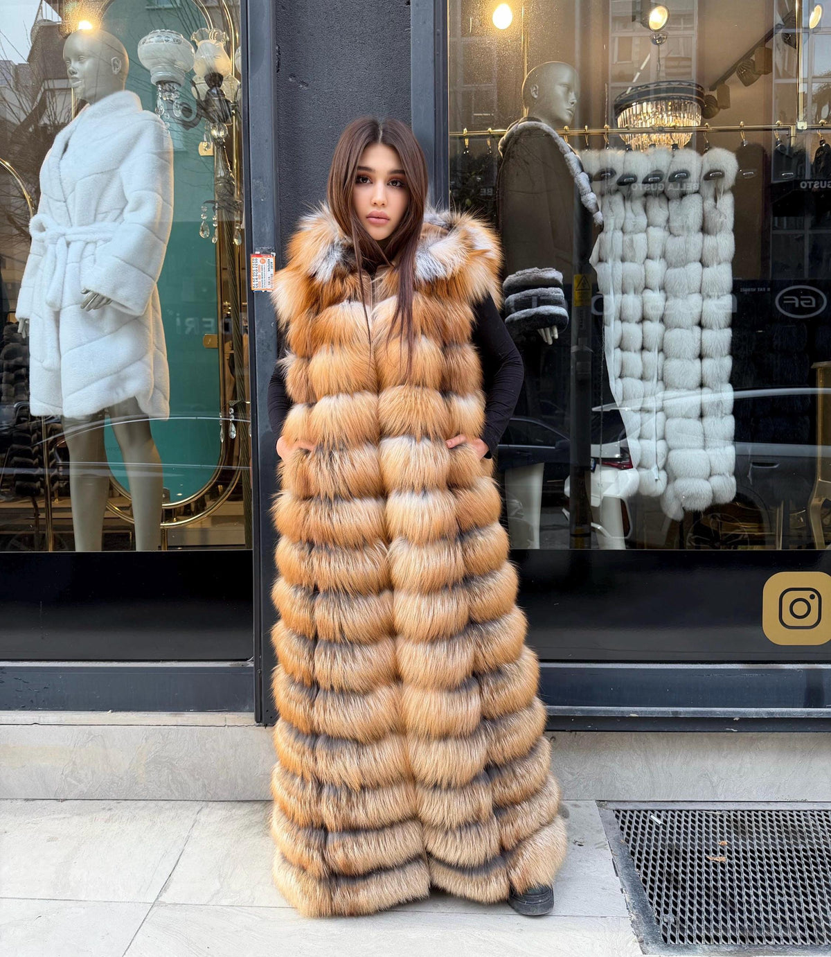 Long Hooded Gold Fox Fur Vest, Women 2 in 1 Fox Fur Gilet, Sleeveless Fox Fur Jacket, Full Length Fox Fur Vest.
