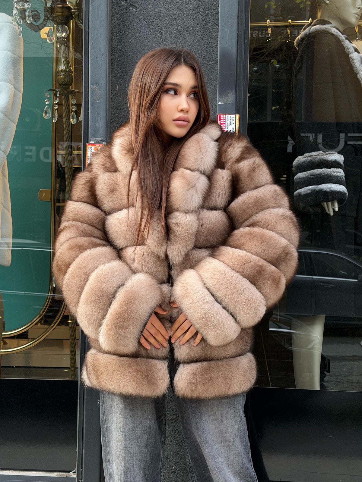 Beige Fox Fur Jacket: Women Fox Fur Coat Fox