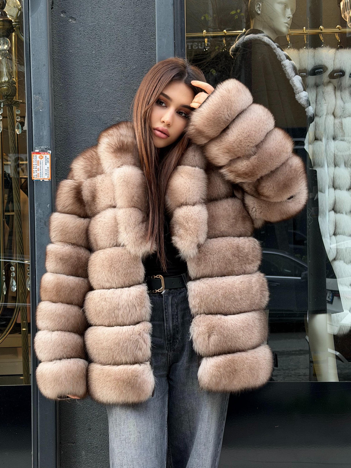 Beige Fox Fur Jacket: Women Fox Fur Coat Fox