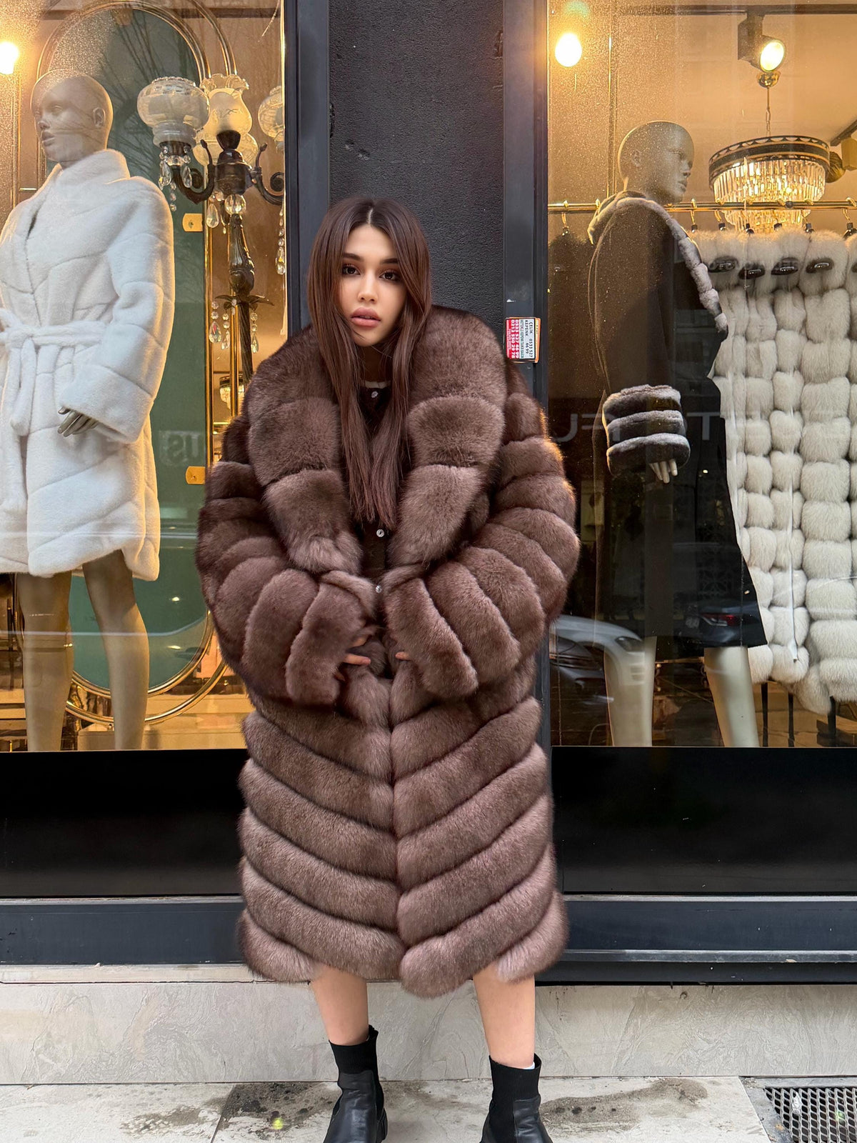 Brown Long Fox Fur Coat | Premium Sable Brown Fox Fur Jacket